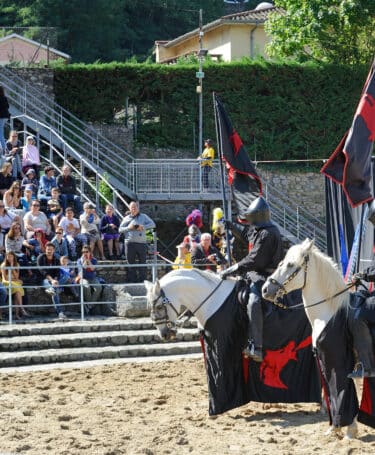 Deux chevaliers costumés à dos de cheval pour un spectacle