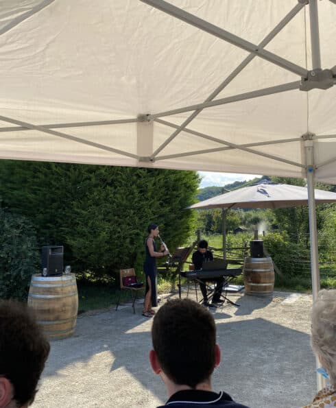 Musiciens en concert en plein air avec des tonneaux de vin